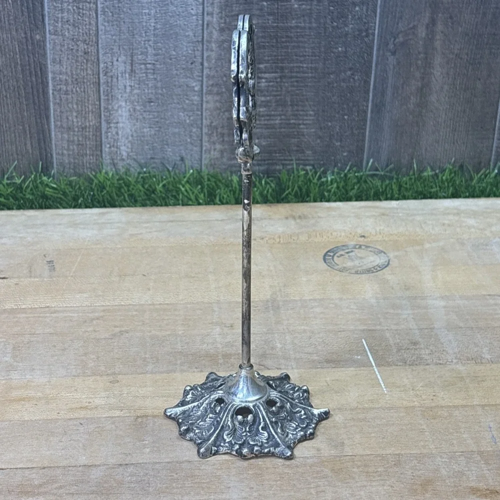 Antique Ornate Silver Plate Table Number Stand Heart Place Card Menu Holder